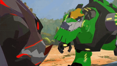 a green robot is standing next to a black robot with red teeth