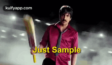 a man in a red shirt and tie is holding a cricket bat with the words just sample below him .