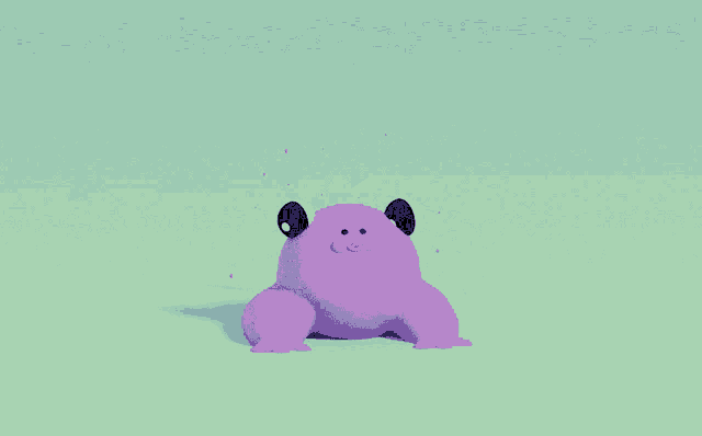 a purple cartoon character standing on a green surface