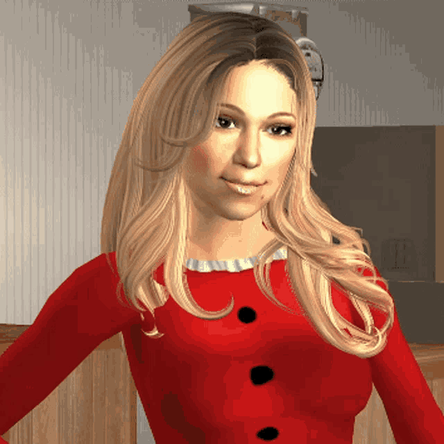 a computer generated image of a woman in a red sweater with black buttons