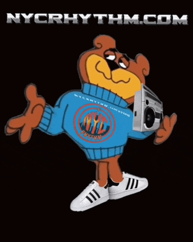 a cartoon bear is wearing a nyc sweater and holding a boombox in front of nycrhythm.com