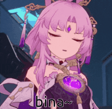 a cartoon girl with purple hair is wearing a purple necklace and a purple pendant .