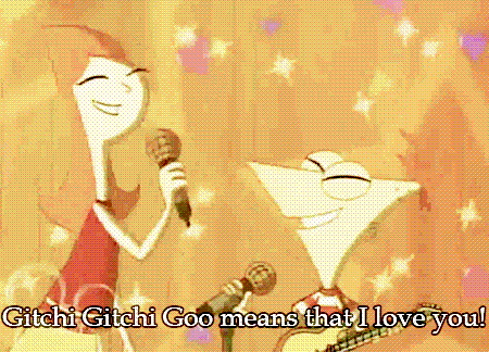 a cartoon character singing into a microphone with the words gitchi gitchi goo means that i love you