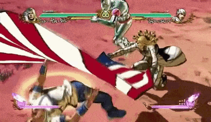 a video game is being played on a computer with a red and white flag flying in the background .