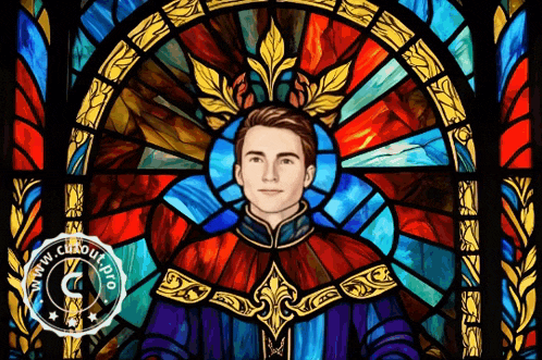 a stained glass window with a picture of a man and the words chaque dio