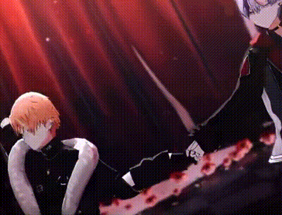 a couple of anime characters are standing next to each other on a stage with a red curtain in the background .