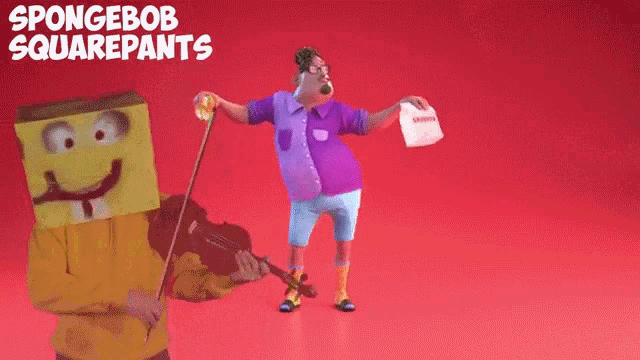 a spongebob squarepants advertisement with a person playing a violin