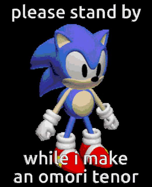 a pixelated image of sonic the hedgehog with the words please stand by while i make an omori tenor below him