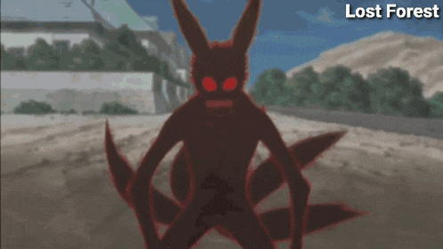 a cartoon of a rabbit with red eyes and the words lost forest below it