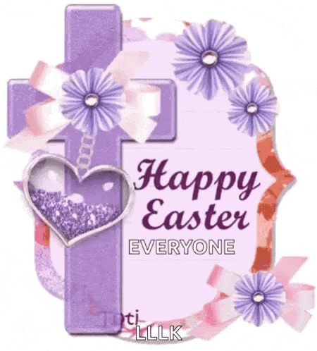 a happy easter greeting card with a purple cross , flowers , and a heart .