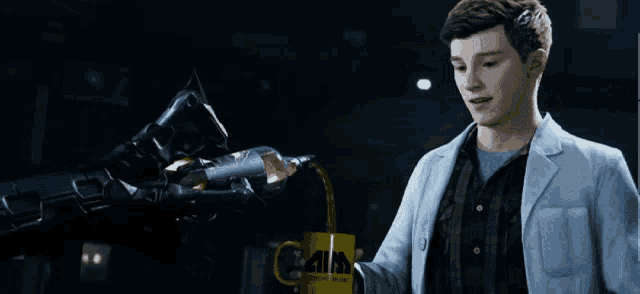 a man in a lab coat is pouring a drink into a mug that says aim