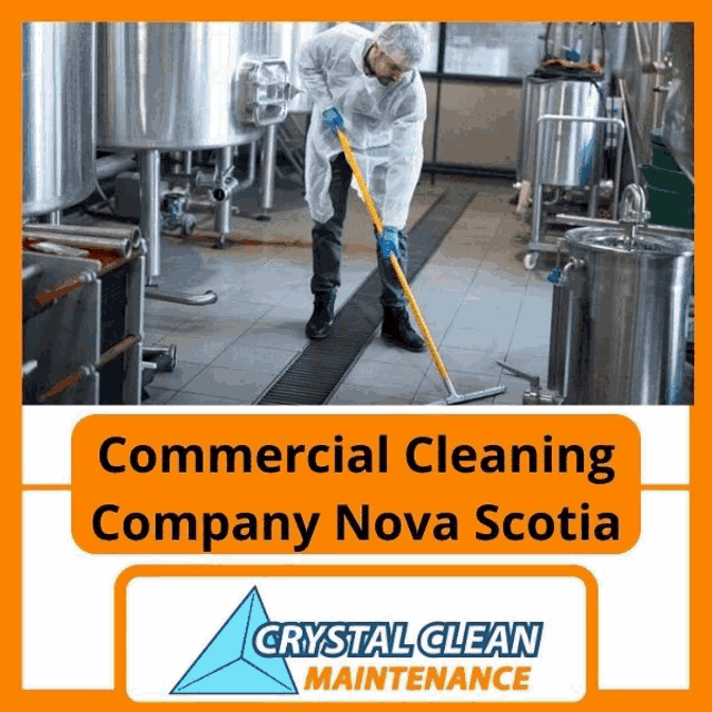 a poster for commercial cleaning company nova scotia with a man cleaning the floor