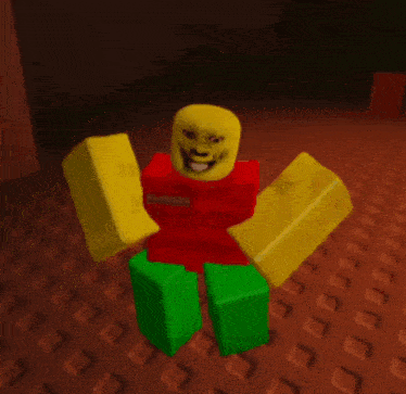 a red roblox character with a yellow face is holding two yellow blocks and a green block