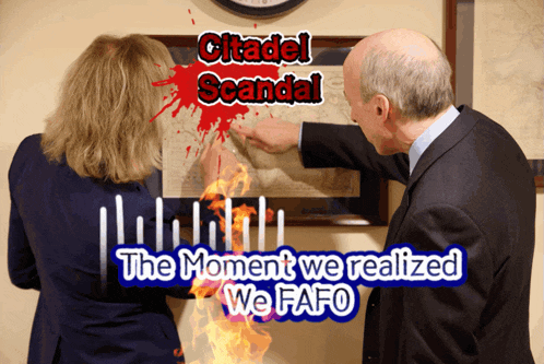 a man and a woman are pointing at a picture that says citadel scandal