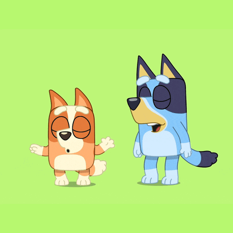 two cartoon dogs are standing next to each other with their arms outstretched on a green background