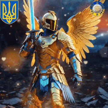 a knight with wings is holding a sword in front of a coat of arms with the letters kpa on it