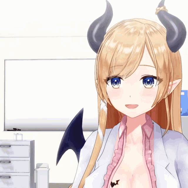 a blonde anime girl with horns and a wing on her back
