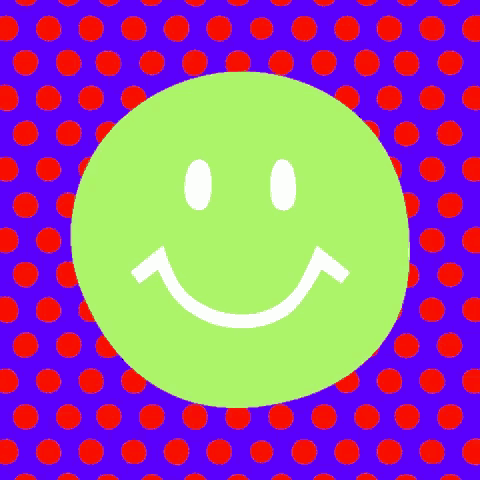 a green smiley face is surrounded by red polka dots on a blue background