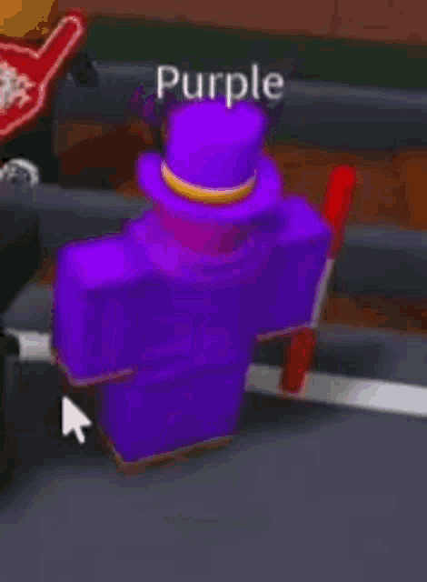 a purple robot is standing on a sidewalk in a video game with the name purple .