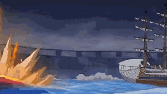 a cartoon scene of a ship being destroyed by a bridge