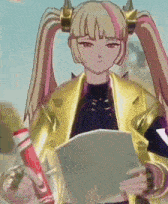 a cartoon girl with pigtails is holding a piece of paper and a can of soda .