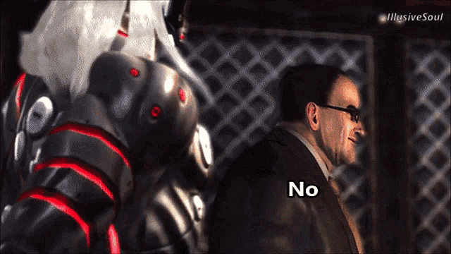 a man in a suit and tie is standing next to a robot and the word no is on the bottom