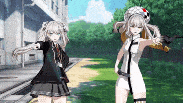 two anime girls are standing next to each other in a park