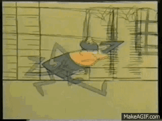 a cartoon of a man crawling on a wall .