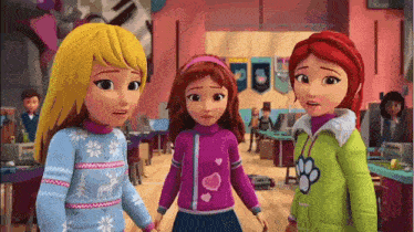 a group of cartoon girls are standing next to each other in a room .