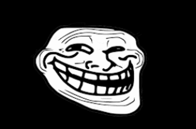 a black and white troll face with a big smile