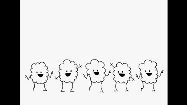 a black and white drawing of a row of clouds with arms and legs .