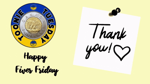 a canadian coin and a note that says " thank you "