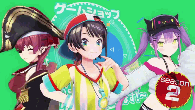 three anime girls are standing next to each other with a season 2 tag