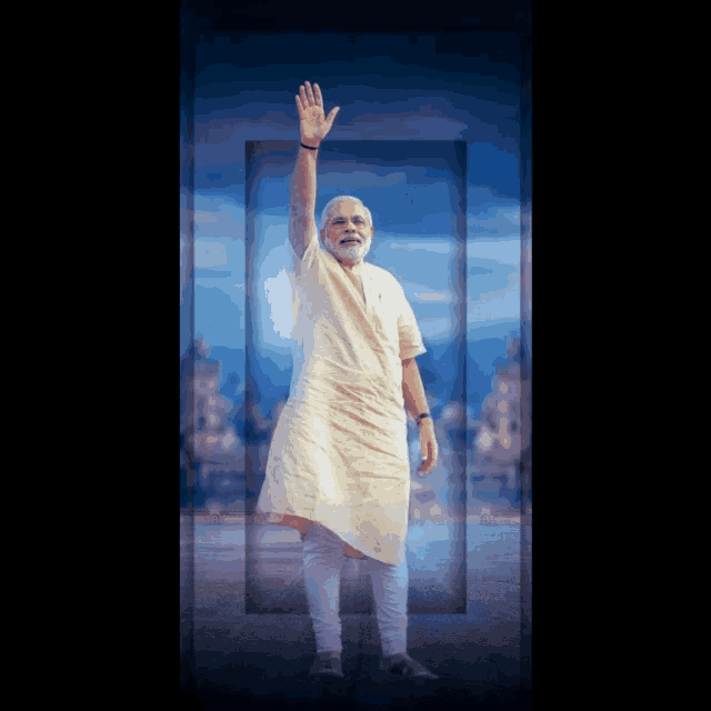 a man in a white shirt and white pants waves his hand in front of a blue sky