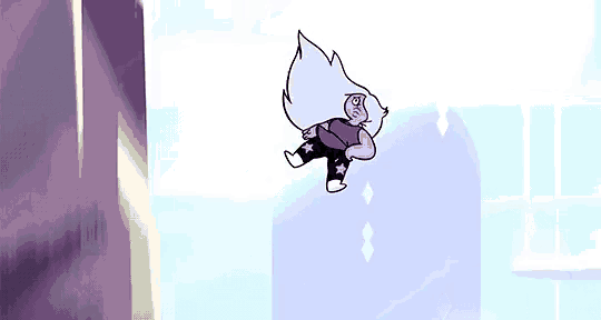 a purple cartoon character is flying through the air in a room .