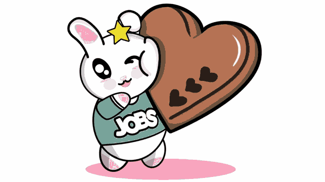 a cartoon bunny wearing a jobs shirt is holding a heart