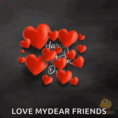 a valentine 's day greeting card with red hearts and the words " happy valentine 's day love my dear friends "