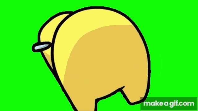 a yellow cartoon character is standing on a green screen and has a ring around its nose .