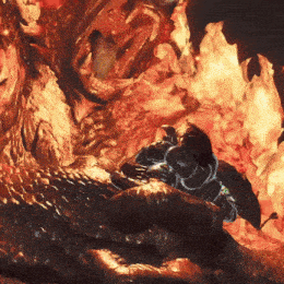 a monster with a huge mouth is surrounded by fire