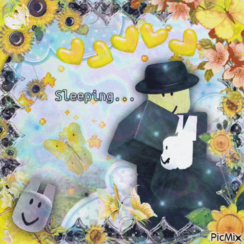 a picture of a man in a hat holding a rabbit with the words sleeping below him