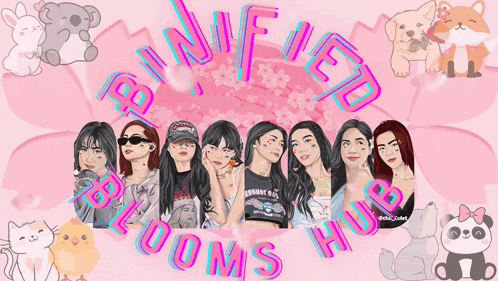 a group of girls are standing in front of a pink background that says blooms on it