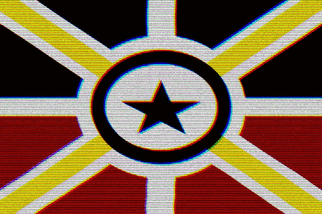 a colorful flag with a black star in a circle