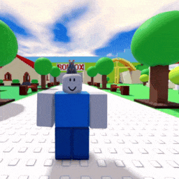 a roblox character standing in front of a roblox sign