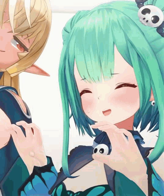 a girl with green hair has a skull on her ear