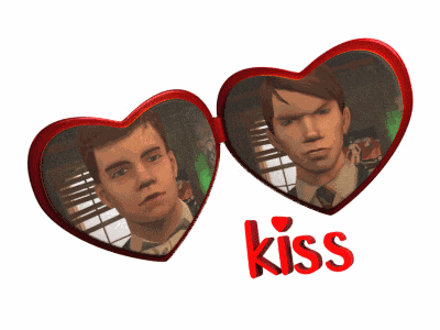a pair of heart shaped glasses with two men on them and the word kiss below them