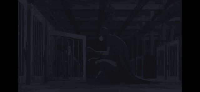 a dark hallway with a person kneeling down