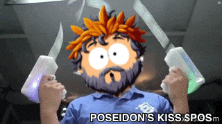 a cartoon of a man with a beard holding two knives with the caption poseidon 's kiss