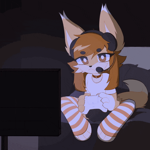 a cartoon drawing of a furry girl playing a video game