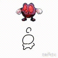 a purple cartoon character with red eyes is standing next to a drawing of a circle .