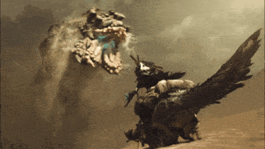 a painting of a person riding a winged animal with a large rock in the background